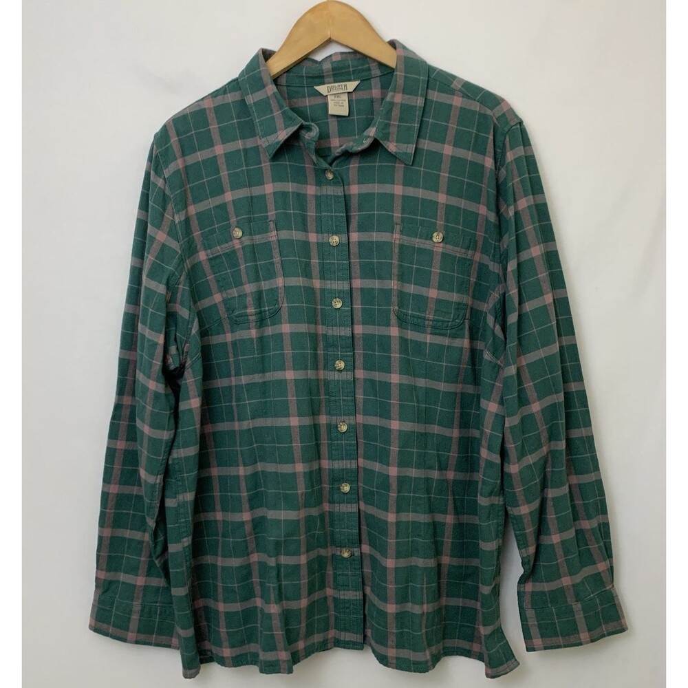 Duluth Trading Co Shirt Womens 2XL Green Pink Plaid Free Swingin Flannel Outdoor